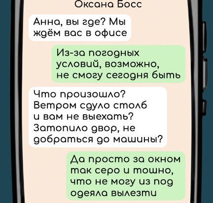 Оксано Босс Анно вы где Мы жоём вас в офисе Из за погодных условий возможно не смогу сегодня быть Что произошло Ветром сдоуло столб ч вом не выехоть Зотопило овор не доброться до машины До просто за окном так серо и тошно что не могу из под одеяла вылезти