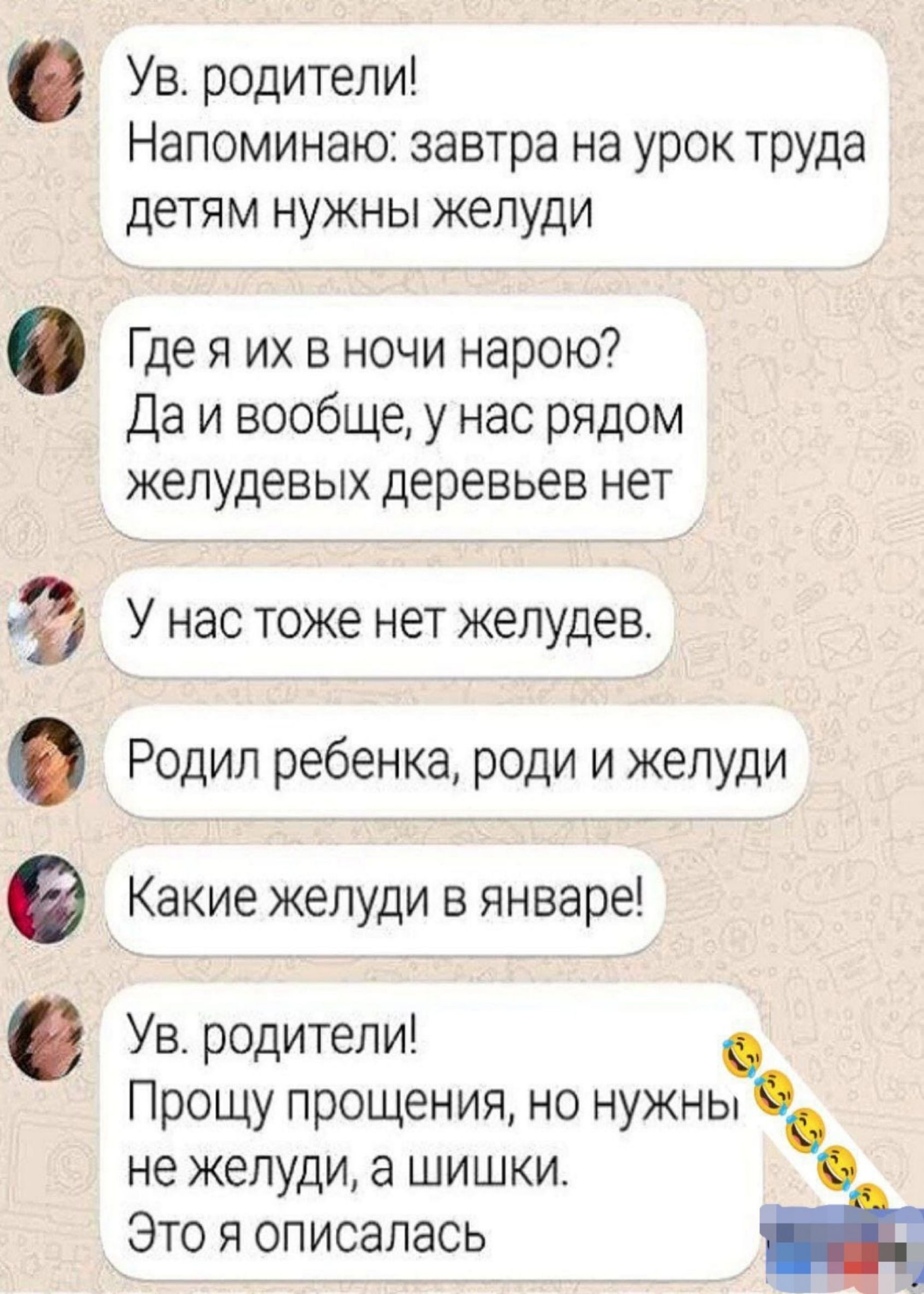 е оее Ф Ув родители Напоминаю завтра на урок труда детям нужны желуди Где я их в ночи нарою Даи вообще у нас рядом желудевых деревьев нет У нас тоже нет желудев Родил ребенка роди и желуди Какие желуди в январе Ув родители Прощу прощения но нужны не желуди а шишки Это я описалась