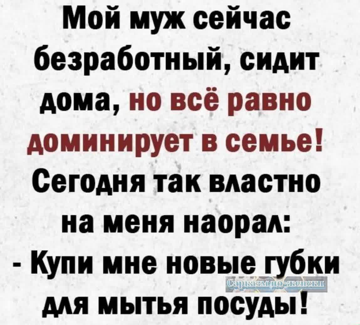 Мой муж сейчас безработный сидит дома но всё равно доминирует в семье Сегодня так властно на меня наорал Купи мне новые губки для мытья посуды