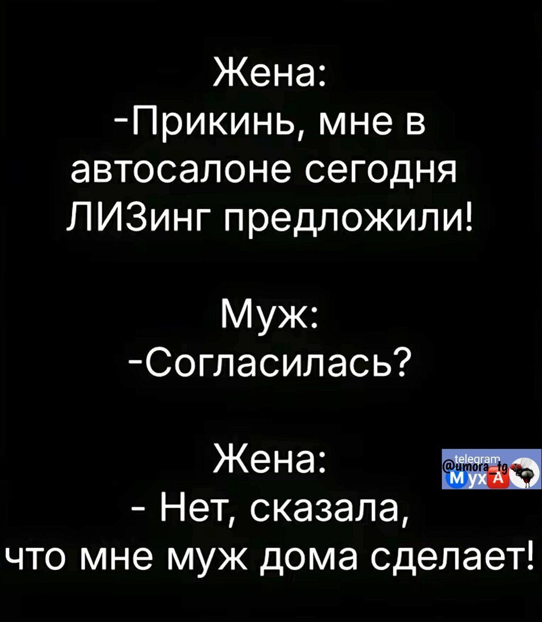 Жена Прикинь мне в автосалоне сегодня ЛИЗинг предложили Муж а е и Те 1 Те1 Жена с Нет сказала что мне муж дома сделает