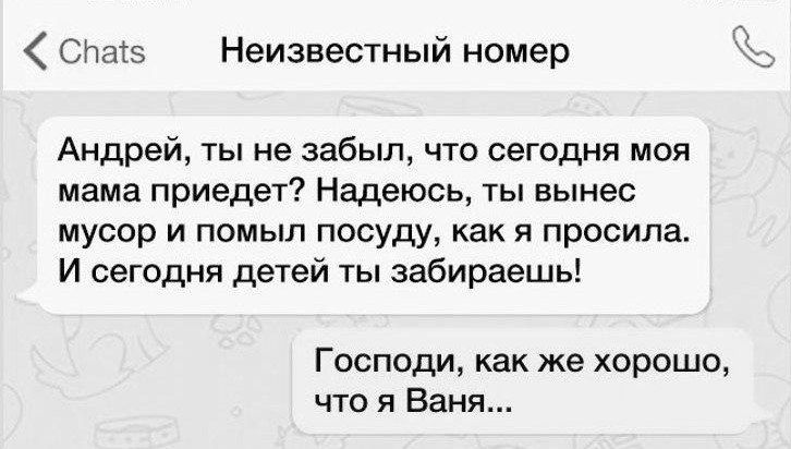 Спав Неизвестный номер Андрей ты не забыл что сегодня моя мама приедет Надеюсь ты вынес мусор и помыл посуду как я просила И сегодня детей ты забираешь Господи как же хорошо что я Ваня