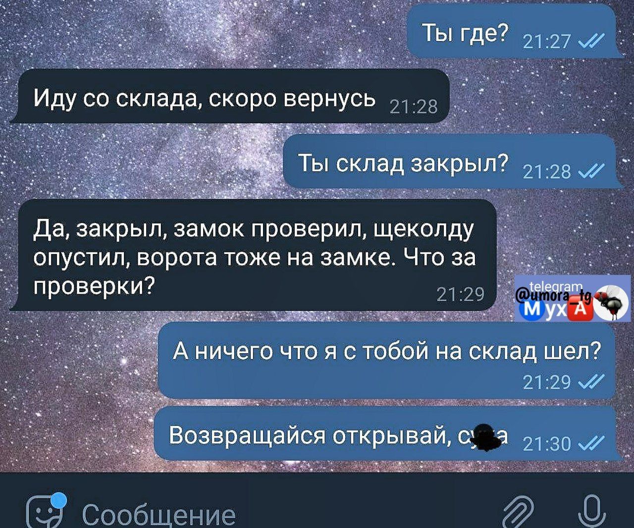 28 Идусо склада скоро вернусь 120 Да закрыл замок проверил щеколду опустил ворота тоже на замке Что за проверки Аничего что я с тобой на склад шел 2129 му Сообщение 2 0