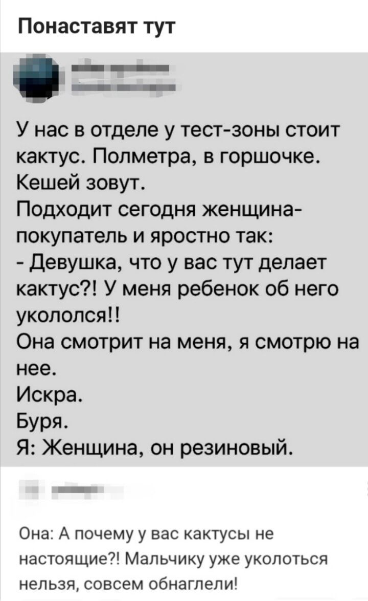 Понаставят тут У нас в отделе у тест зоны стоит кактус Полметра в горшочке Кешей зовут Подходит сегодня женщина покупатель и яростно так Девушка что у вас тут делает кактус У меня ребенок об него укололся Она смотрит на меня я смотрю на нее Искра Буря Я Женщина он резиновый Она А почему у вас кактусы не настоящие Мальчику уже уколоться нельзя совсем обнаглели