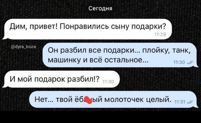 Сегодня Дим привет Понравились сыну подарки Он разбил все подарки плойку танк машинку и всё остальное И мой подарок разбил Нет твой ёбцый молоточек целый