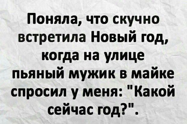 Поняла что скучно встретила Новый год когда на улице пьяный мужик в майке спросил у меня Какой сейчас год