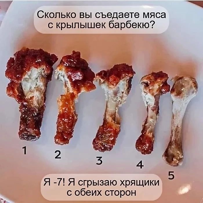 у Вь Сколько вы съедаете мяса с крылышек барбекю 4 Я 7 Я сгрызаю хрящики с обеих сторон