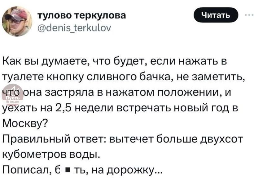 тулово теркулова дет 1еткщоу Как вы думаете что будет если нажать в туалете кнопку сливного бачка не заметить тОюна застряла в нажатом положении и уехать на 25 недели встречать новый год в Москву Правильный ответ вытечет больше двухсот кубометров воды Пописал ть на дорожку