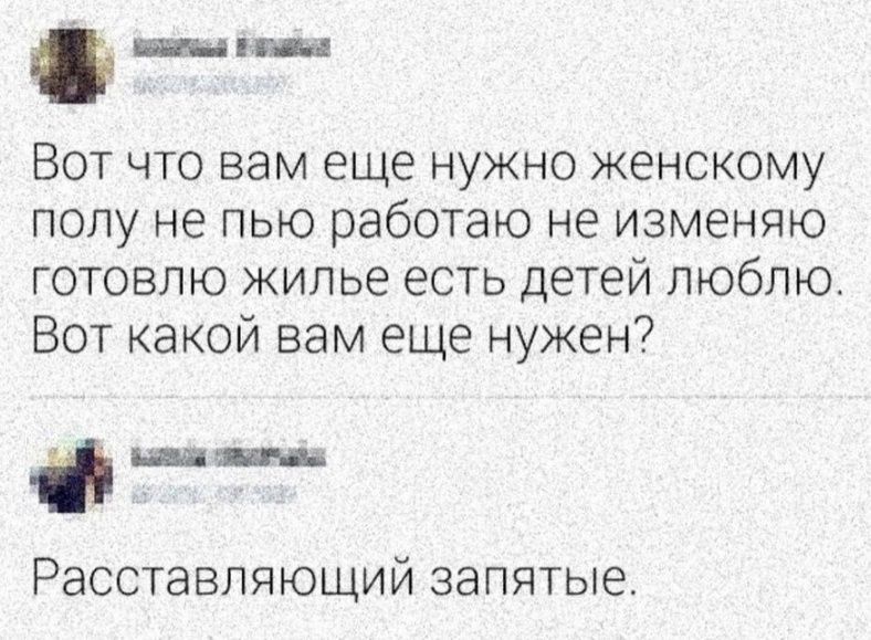 Вот что вам еще нужно женскому полу не пью работаю не изменяю готовлю жилье есть детей люблю Вот какой вам еще нужен _ш ш Расставляющий запятые