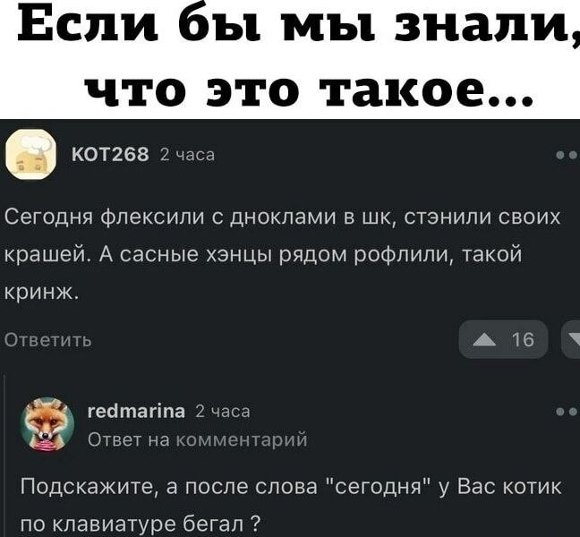 оы мы знали что это такое КОТ268 2 часа Сегодня флексили с дноклами в шк стэнили своих крашей А сасные хэнцы рядом рофлили такой кринж РО гейтапйпа 2 Ответ на Подскажите а после слова сегодня у Вас котик по клавиатуре бегал