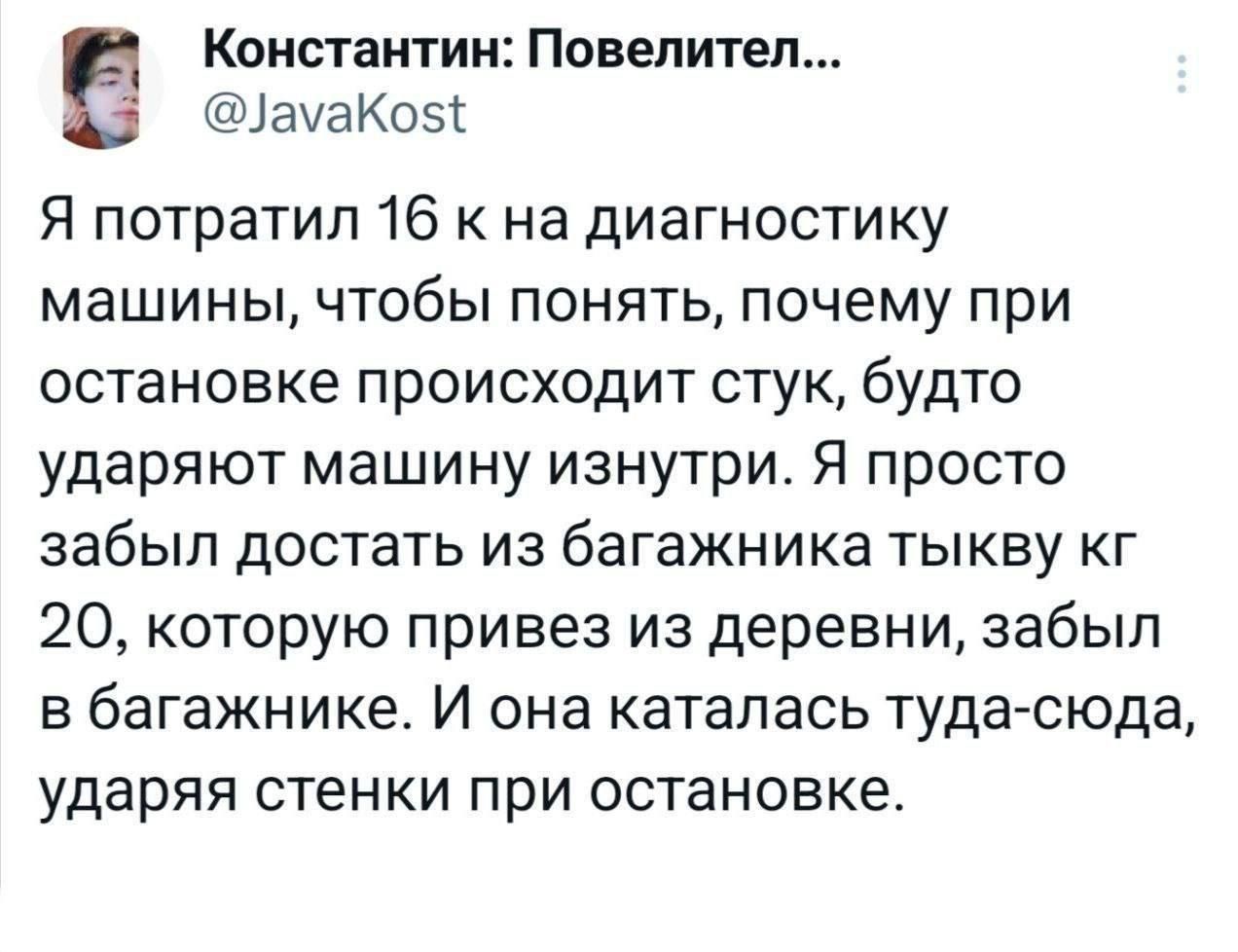 Константин Повелител 1амаКо5 Я потратил 16 к на диагностику машины чтобы понять почему при остановке происходит стук будто ударяют машину изнутри Я просто забыл достать из багажника тыкву кг 20 которую привез из деревни забыл в багажнике И она каталась туда сюда ударяя стенки при остановке