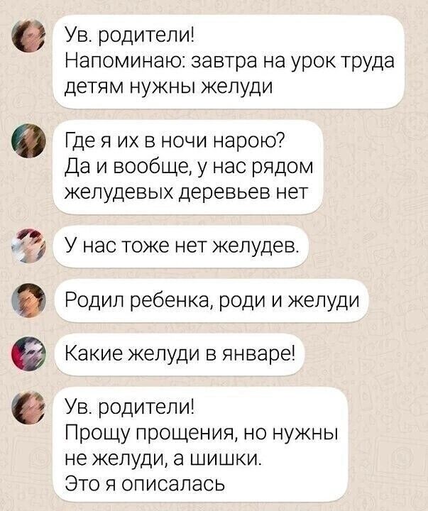 Ув родители Напоминаю завтра на урок труда детям нужны желуди Гдея их в ночи нарою Даи вообще у нас рядом желудевых деревьев нет У нас тоже нет желудев Родил ребенка роди и желуди Какие желуди в январе Ув родители Прощу прощения но нужны не желуди а шишки Это я описалась