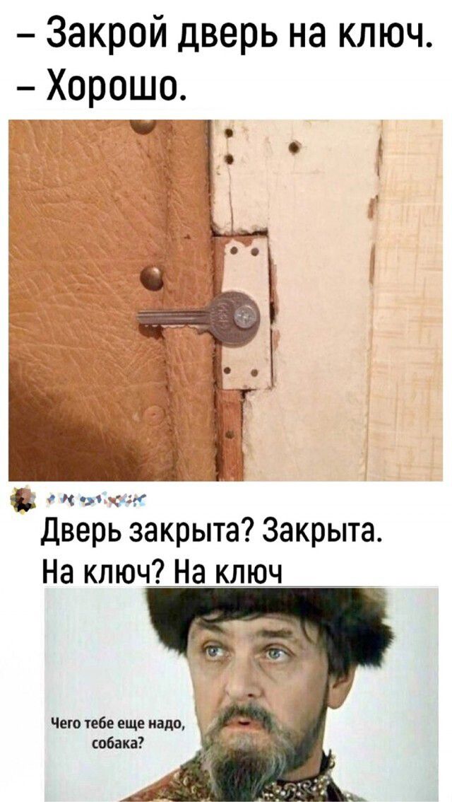 Закрой дверь на ключ Хорошо Дверь закрыта Закрыта На ключ На ключ Чего тебе еще надо собака у