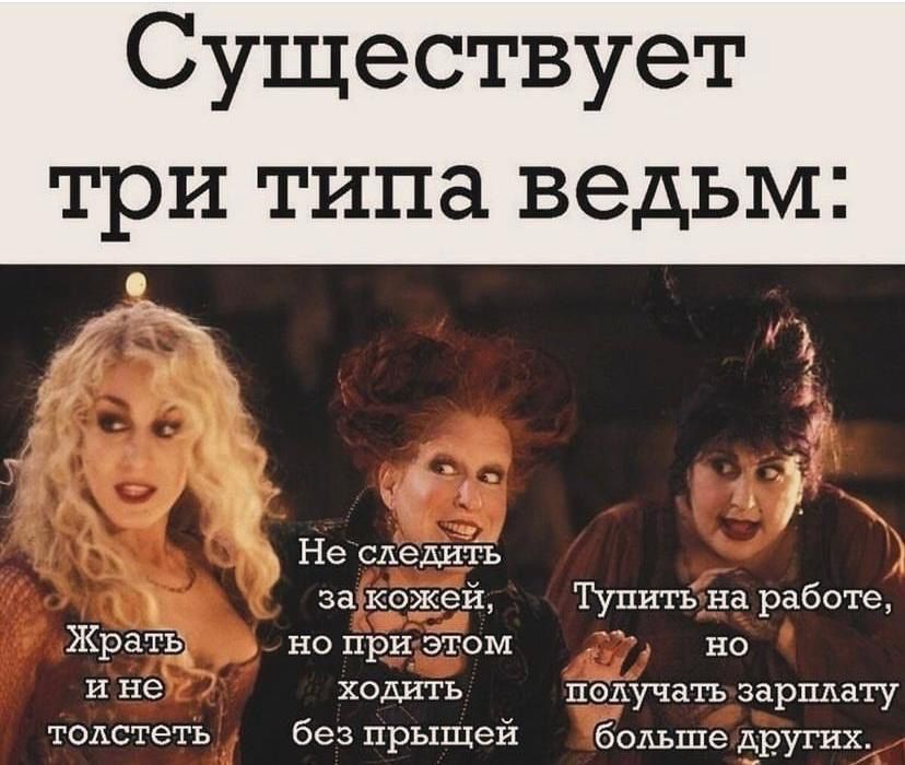 Существует три типа ведьм Р у Й ф Е Л Ъ Не следить закожей ТупитьНна работе Жрата но приэтом У НО ине ходитЬ получатьзарплату тодстеть без прыщей больше других