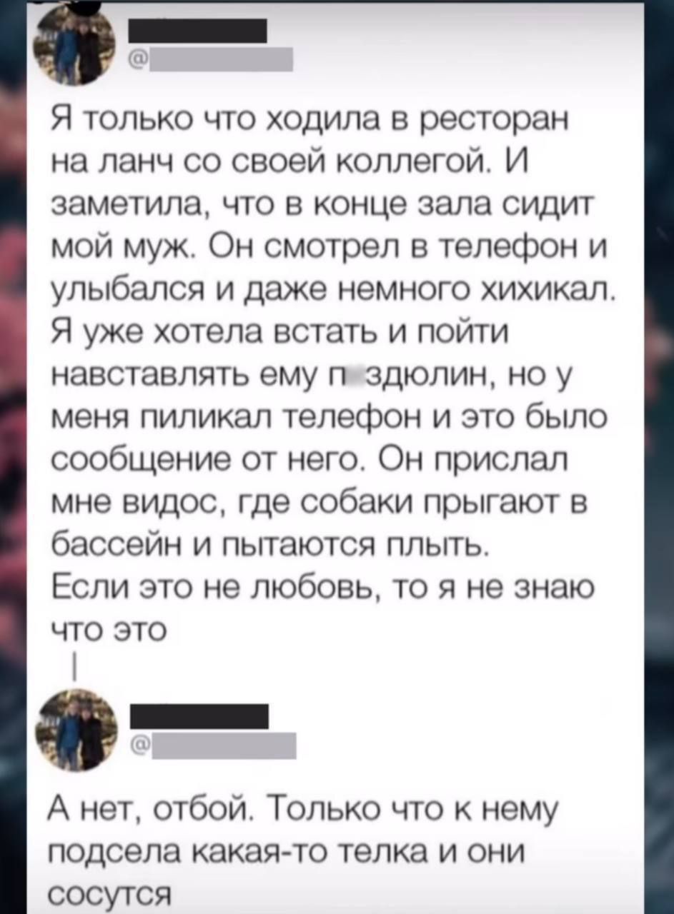 Я только что ходила в ресторан на ланч со своей коллегой И заметила что в конце зала сидит мой муж Он смотрел в телефон и улыбался и даже немного хихикал Я уже хотела встать и пойти навставлять ему пяздюлин но у меня пиликал телефон и это было сообщение от него Он прислал мне видос где собаки прыгают в бассейн и пытаются плыть Если это не любовь то я не знаю что это Э А нет отбой Только что к нему