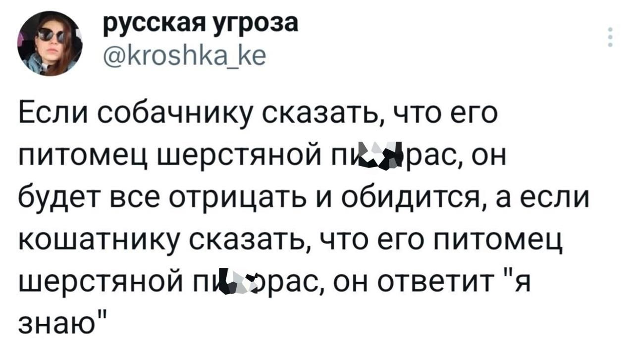 русская угроза Кго5ПКа ке Если собачнику сказать что его питомец шерстяной пи_афрас он будет все отрицать и обидится а если кошатнику сказать что его питомец шерстяной пйехорас он ответит я знаю