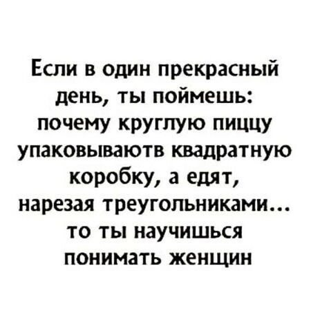 Если в один прекрасный день ты поймешь почему круглую пиццу упаковываютв квадратную коробку а едят нарезая треугольниками то ты научишься понимать женщин