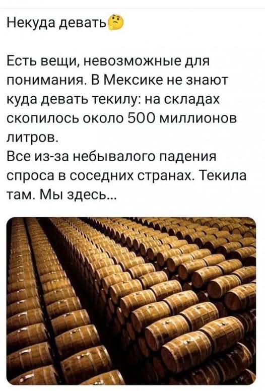 Некуда девать Есть вещи невозможные для понимания В Мексике не знают куда девать текилу на складах скопилось около 500 миллионов литров Все из за небывалого падения спроса в соседних странах Текила там Мы здесь
