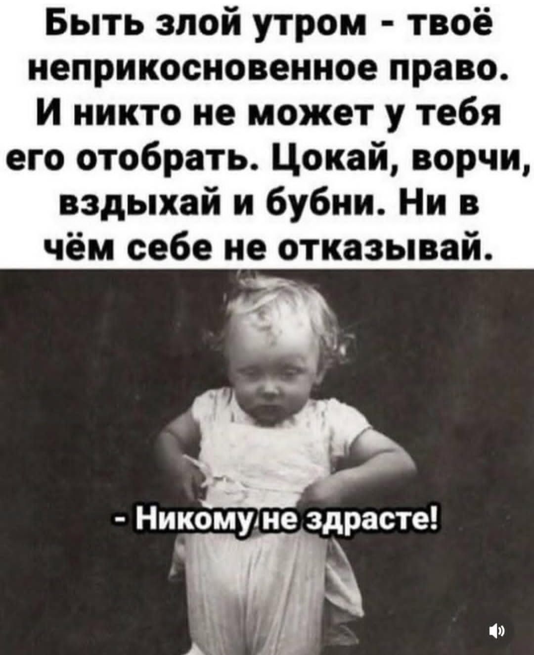 Быть злой утром твоё неприкосновенное право И никто не может у тебя его отобрать Цокай ворчи вздыхай и бубни Ни в чём себе не отказывай э еч Никомуне здрасте