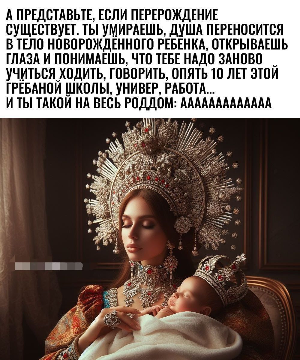 А ПРЕДСТАВЬТЕ ЕСЛИ ПЕРЕРОЖДЕНИЕ СУЩЕСТВУЕТ ТЫ УМИРАЕШЬ ДУША ПЕРЕНОСИТСЯ В ТЕЛО НОВОРОЖДЕННОГО РЕБЕНКА ОТКРЫВАЕШЬ ГЛАЗА И ПОНИМАЕШЬ ЧТО ТЕБЕ НАДО ЗАНОВО УЧИТЬСЯ ХОДИТЬ ГОВОРИТЬ ОПЯТЬ 10 ЛЕТ ЭТОЙ ГРЕБАНОЙ ШКОЛЫ УНИВЕР РАБОТА ИТЫ ТАКОЙ НА ВЕСЬ РОДДОМ АААЛАААААААЛА