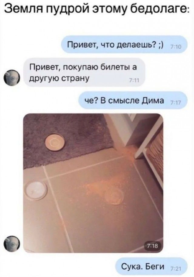 Земля пудрой этому бедолаге Привет что делаешь Привет покупаю билеты а 0 другую страну че В смысле Дима Сука Беги_ 72