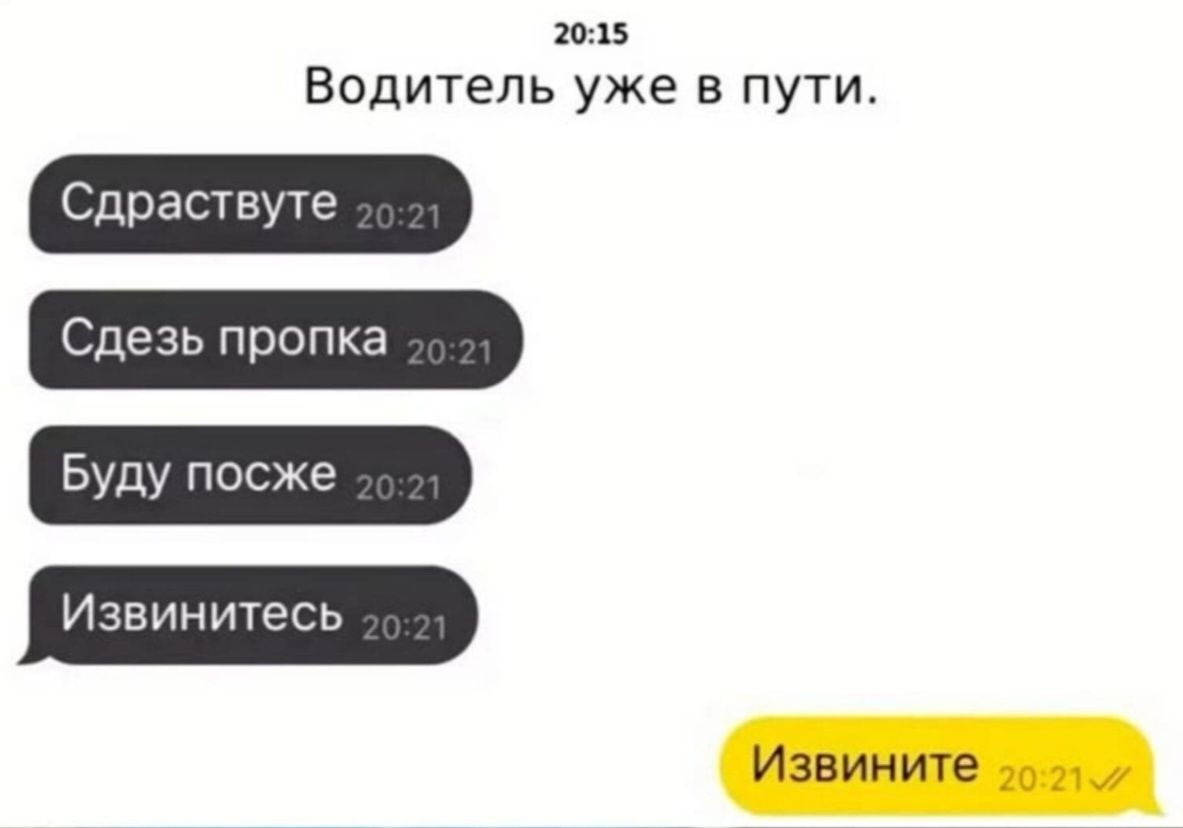 205 Водитель уже в пути Сдраствуте Сдезь пропка Буду посже Извинитесь