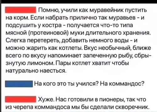 ШННННННННИИ Помню учили как муравейник пустить на корм Если набрать прилично так муравьев и подсушить у костра получается что то типа мясной протеиновой муки длительного хранения Слегка перетереть добавить немного воды и можно жарить как котлеты Вкус необычный ближе всего по вкусу напоминает запеченную рыбу сбры знутую лимоном Пары котлет хватит чтобы натурально наесться ПН На кого это ты учился Н