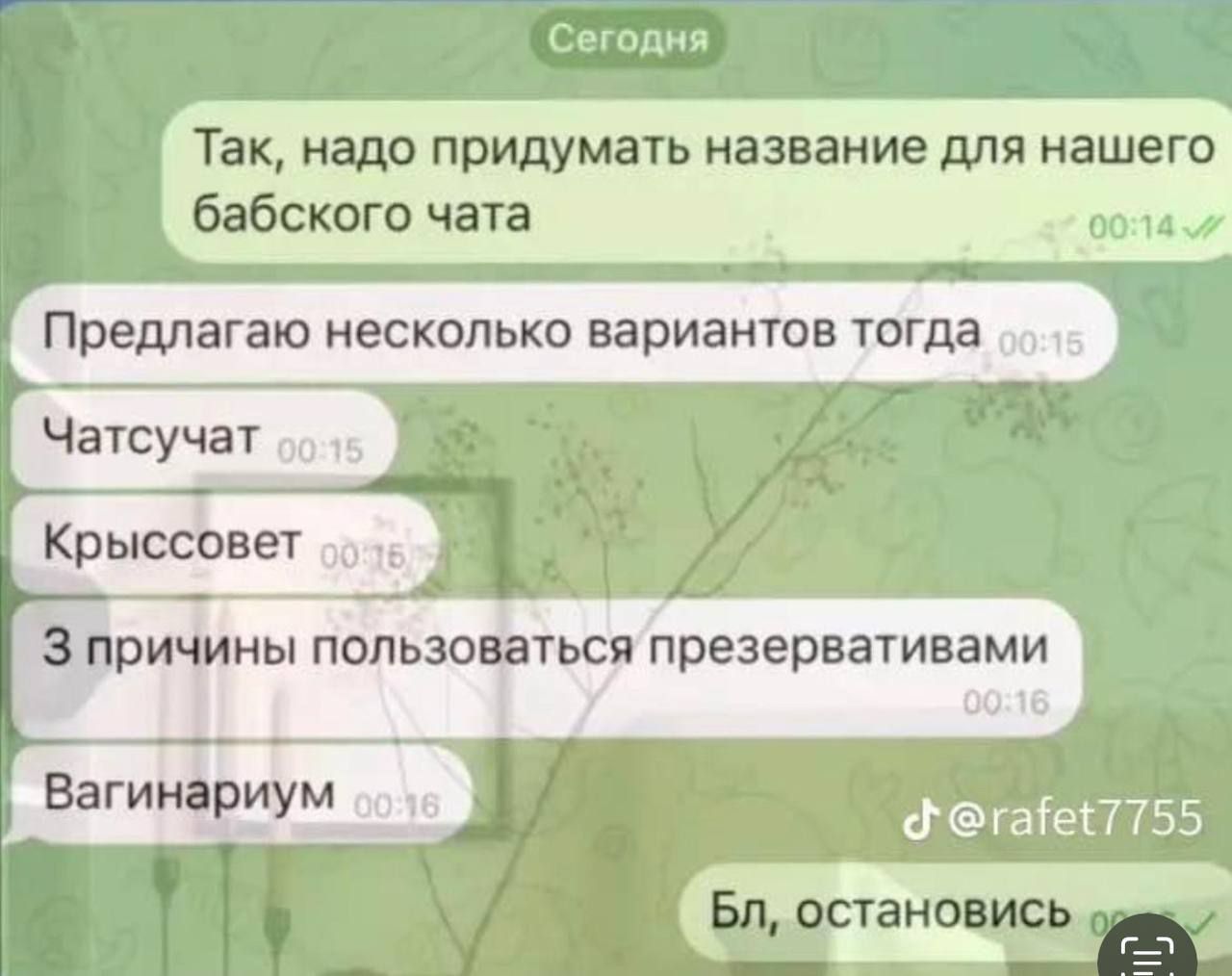 Сегодня ак надо придумать название для нашего бабского чата о9 Предлагаю несколько вариантов тогда ссовет о015 ща м 0016 _ таеТ755