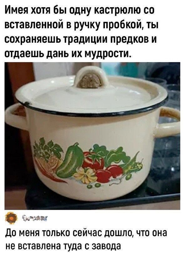 Имея хотя бы одну кастрюлю со вставленной в ручку пробкой ты сохраняешь традиции предков и отдаешь дань их мудрости 2ы До меня только сейчас дошло что она не вставлена туда с завода