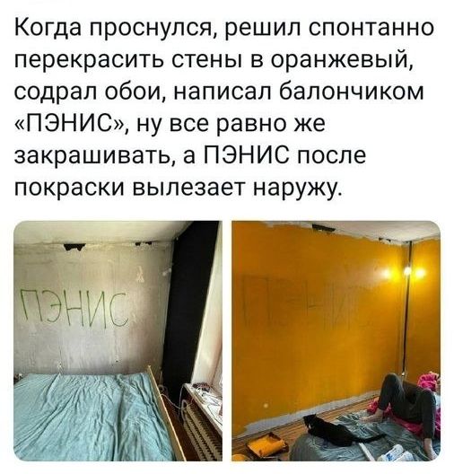 Когда проснулся решил спонтанно перекрасить стены в оранжевый содрал обои написал балончиком ПЭНИС ну все равно же закрашивать а ПЭНИС после покраски вылезает наружу