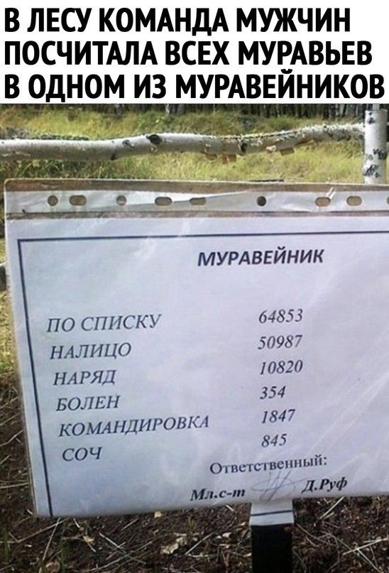 В ЛЕСУ КОМАНДА МУЖЧИН ПОСЧИТАЛА ВСЕХ МУРАВЬЕВ В ОДНОМ ИЗ МУРАВЕЙНИКОВ МУРАВЕЙНИК ПО СПИСКУ 64853 НАЛИЦО 50987 НАРЯД 10820 БОЛЕН 354 КОМАНДИРОВКА 1847 845 соч От ветственный Мле т _ д ДРУФ 7