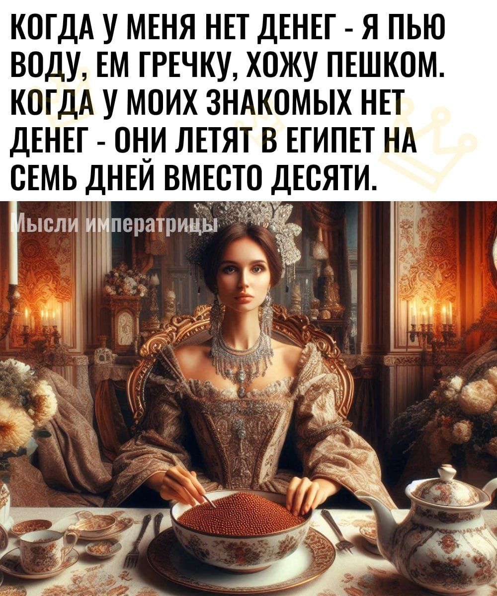 КОГДА У МЕНЯ НЕТ ДЕНЕГ Я ПЬЮ ВОДУ ЕМ ГРЕЧКУ ХОЖУ ПЕШКОМ КОГДА У МОИХ ЗНАКОМЫХ НЕТ ДЕНЕГ ОНИ ЛЕТЯТ В ЕГИПЕТ НА СЕМЬ ДНЕЙ ВМЕСТО ДЕСЯТИ