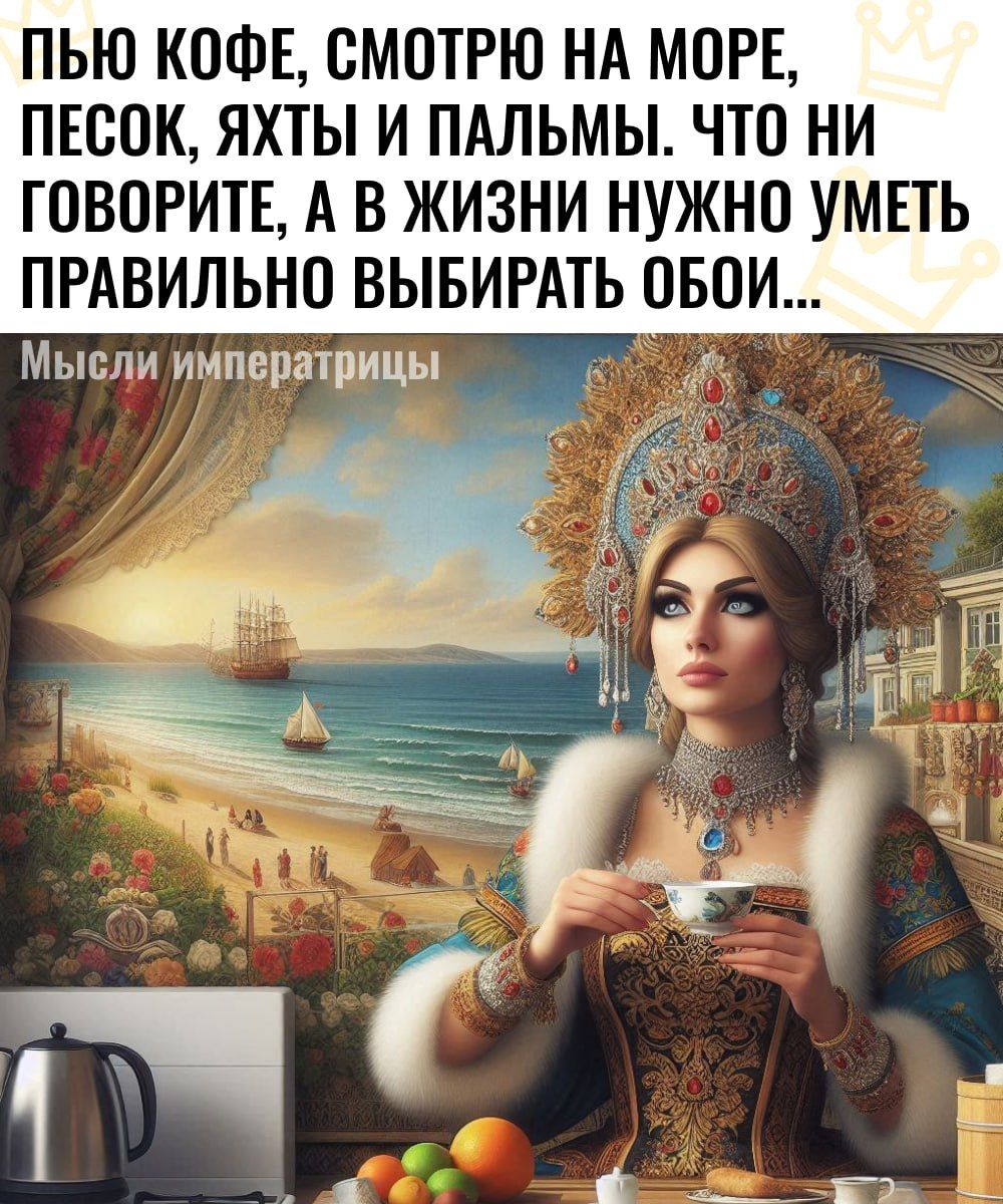 ПЬЮ КОФЕ СМОТРЮ НА МОРЕ ПЕСОК ЯХТЫ И ПАЛЬМЫ ЧТО НИ ГОВОРИТЕ А В ЖИЗНИ НУужно УМЕТЬ ПРАВИЛЬНО ВЫБИРАТЬ ОБОИ Мысли императрицы