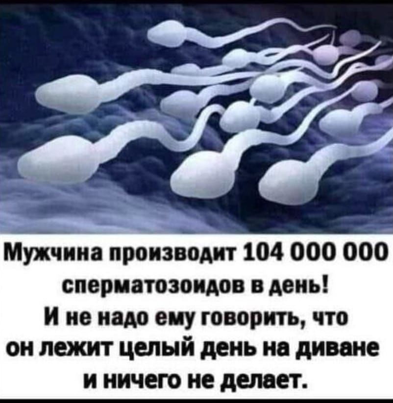 Мужчина производит 104 000 000 сперматозоидов в день! И не надо ему говорить, что он лежит целый день на диване и ничего не делает.