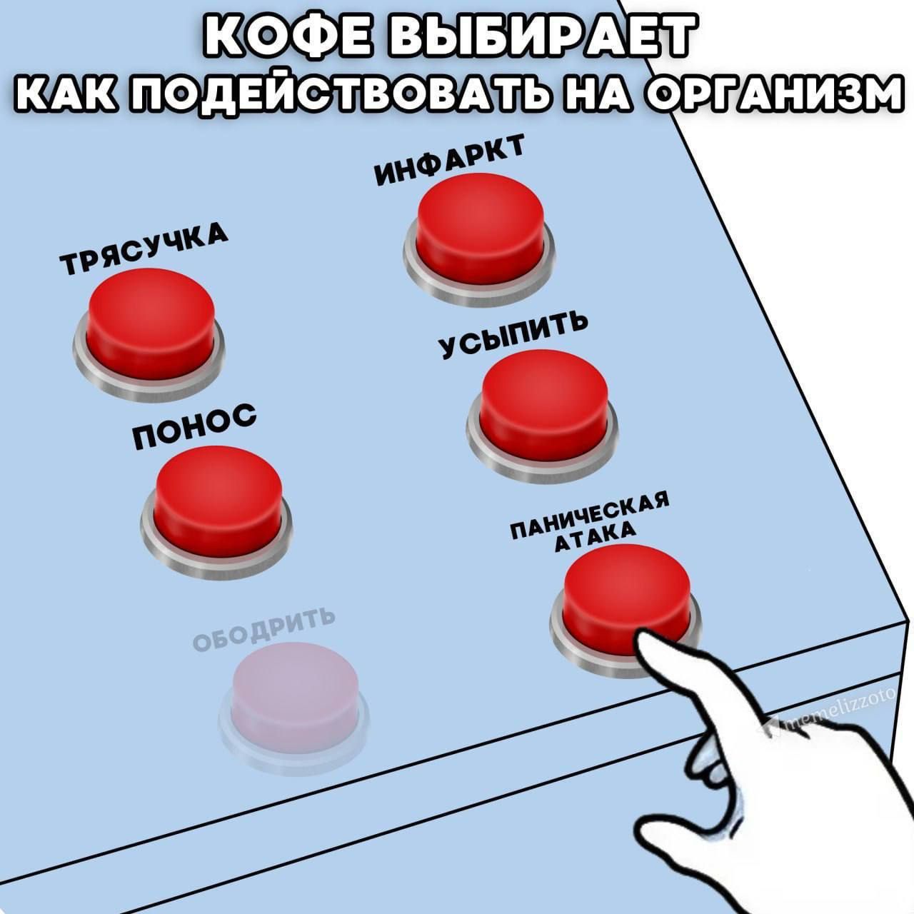 КОФЕ ВЫБИРАЕТ КАК ПОДЕЙСТВОВАТЬ НА ОРГАНИЗМ
ТРЯСУЧКА
ПОНОС
ОБОДРИТЬ
ИНФАРКТ
УСЫПИТЬ
ПАНИЧЕСКАЯ АТАКА