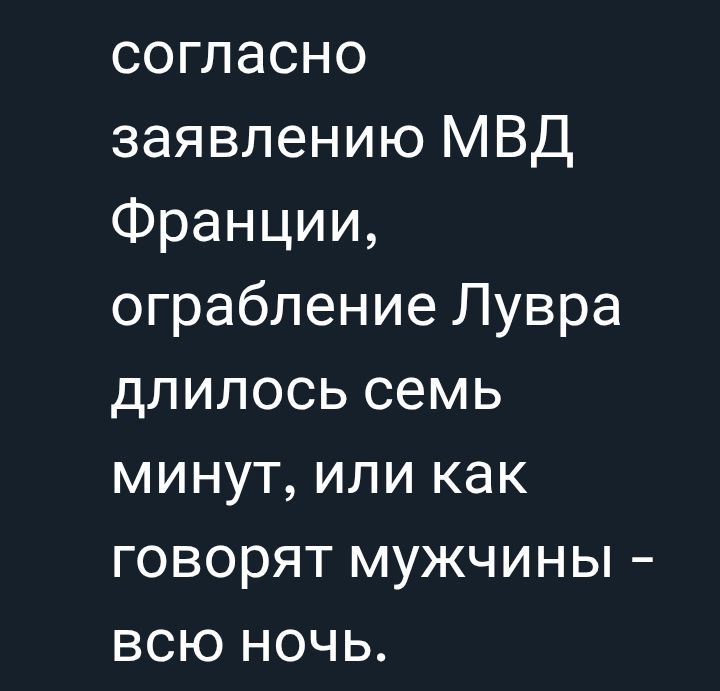 согласно заявлению МВД Франции, ограбление Лувра длилось семь минут, или как говорят мужчины - всю ночь.