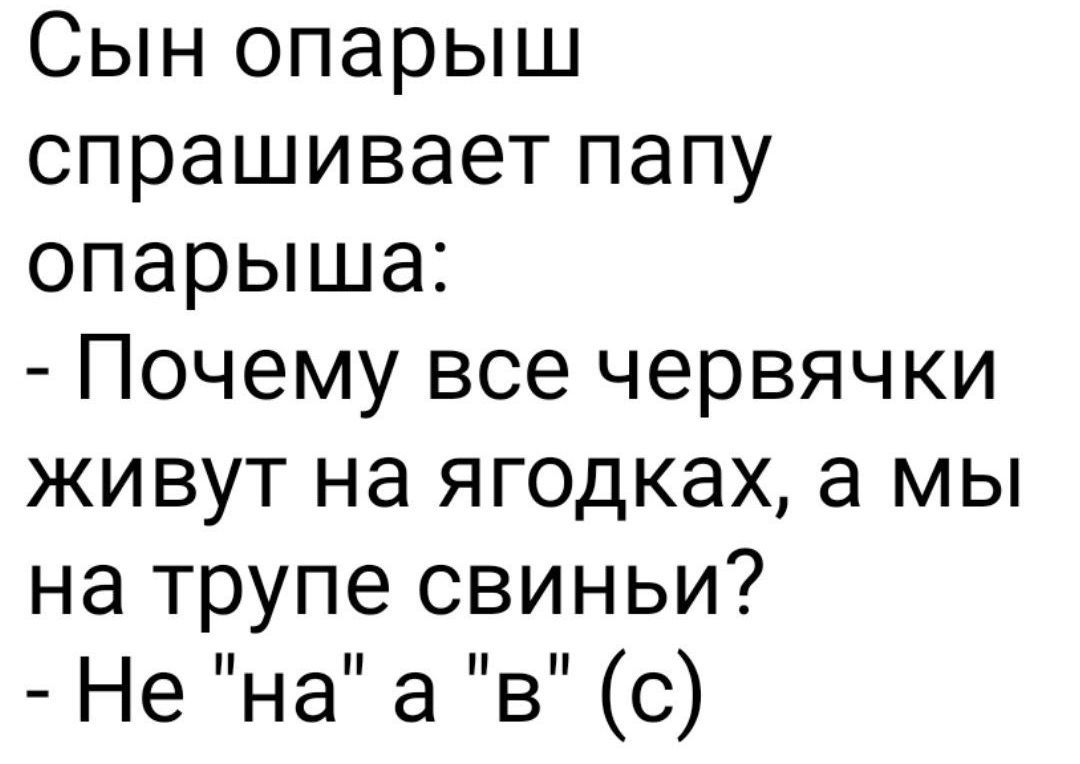 Сын опарыш спрашивает папу опарыша:
- Почему все червячки живут на ягодках, а мы на трупе свиньи?
- Не 