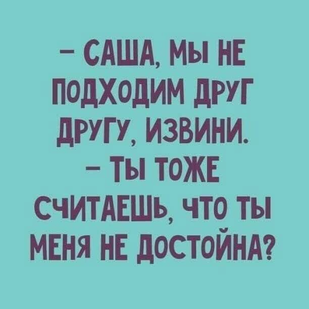 - Саша, мы не подходим друг другу, извини. - Ты тоже считаешь, что ты меня не достойна?