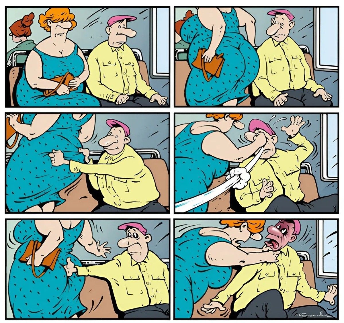 Комикс о драке в автобусе между женщиной и мужчиной.