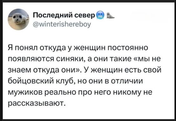 Я понял откуда у женщин постоянно появляются синяки, а они такие «мы не знаем откуда они». У женщин есть свой бойцовский клуб, но они в отличие мужиков реально про него никому не рассказывают.