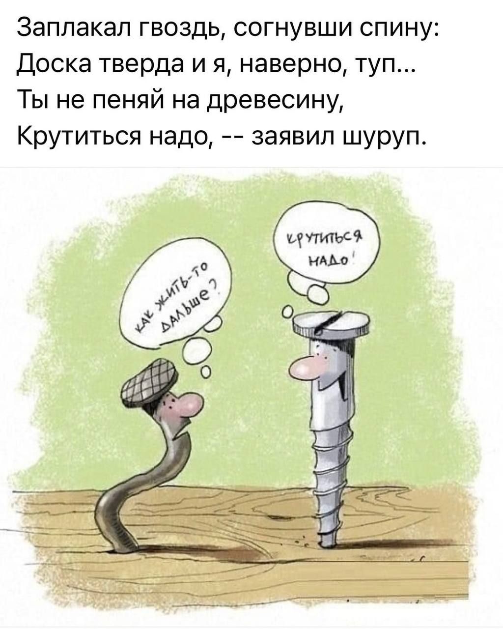 Заплакал гвоздь, согнувши спинку:
Доска тверда и я, наверно, туп...
Ты не пеняй на древесину,
Крутиться надо, -- заявил шруп.
(на кадре: не жить-то дальше?; крутиться надо.)