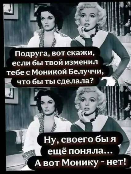 Подруга, вот скажи, если бы ты изменила, тебе с Моникой Белуччи, что бы ты сделала? Ну, своего бы я ещё поняла... А вот Монuку - нет!