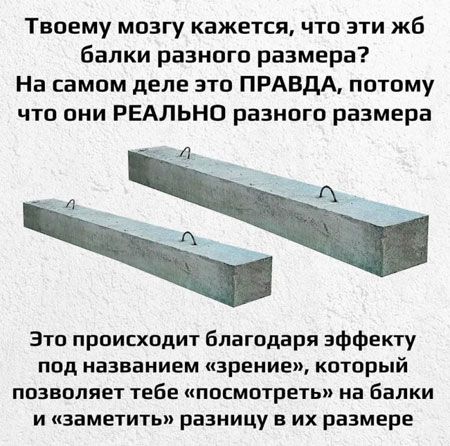 Твоему мозгу кажется, что эти жб балки разного размера? На самом деле это ПРАВДА, потому что они РЕАЛЬНО разного размера. Это происходит благодаря эффекту под названием «зрение», который позволяет тебе «посмотреть» на балки и «заметить» разницу в их размере