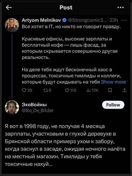 Все хотят в IT, но никто не говорит правду. Красивые офисы, высокие зарплаты и бесплатный кофе — лишь фасад, за которым скрывается совершенно другая реальность. На деле тебя ждут бесконечный хаос в процессах, токсичные тимлиды и коллеги, которые будут скидывать на тебя всё. Show more

Я вот в 1998 году, не получая 4 месяца зарплаты, участковым в гл