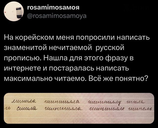 На корейском меня попросили написать знаменитой нечитаемой русской прописью. Нашла для этого фразу в интернете и постаралась написать максимально читаемо. Всё же понятно?
[неразборчивый образец почерка]