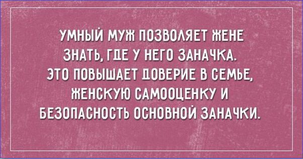 УМНЫЙ МУЖ ПОЗВОЛЯЕТ ЖЕНЕ ЗНАТЬ, ГДЕ У НЕГО ЗАНАЧКА. ЭТО ПОВЫШАЕТ ДОВЕРИЕ В СЕМЬЕ, ЖЕНСКУЮ САМООЦЕНКУ И БЕЗОПАСНОСТЬ ОСНОВОЙ ЗАНАЧКИ.