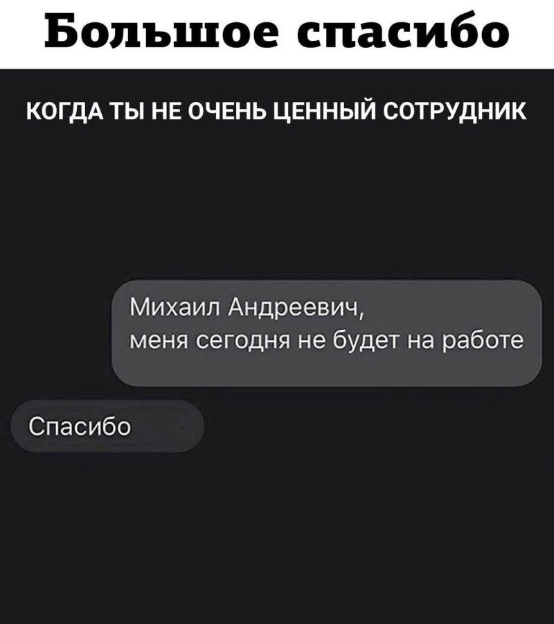 Большое спасибо
КОГДА ТЫ НЕ ОЧЕНЬ ЦЕННЫЙ СОТРУДНИК
Михаил Андреевич, меня сегодня не будет на работе
Спасибо