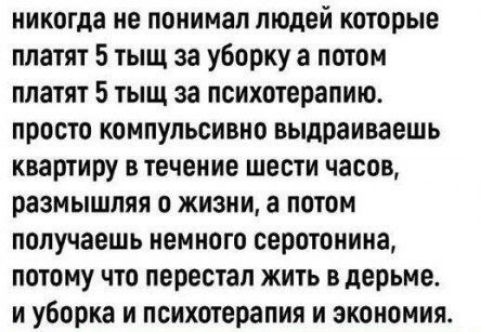никогда не понимаю людей которые платят 5 тыщ за уборку а потом платят 5 тыщ за психотерапию. просто компульсивно выдraиваешь квартиру в течение шести часов, размышляя о жизни, а потом получаешь немного серотонина, потому что перестал жить в дерьме. и уборка и психотерапия и экономика.