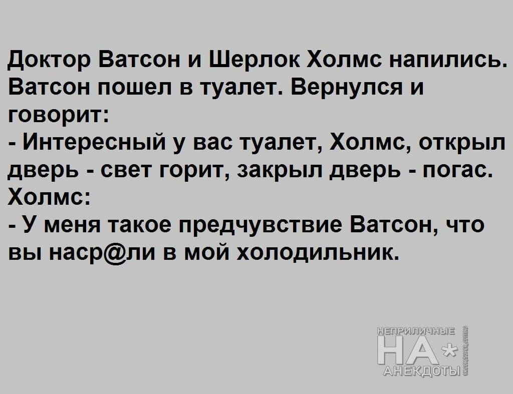 Доктор Ватсон и Шерлок Холмс напились. Ватсон пошел в туалет. Вернулся и говорит: - Интересный у вас туалет, Холмс, открыл дверь - свет горит, закрыл дверь - погас. Холмс: - У меня такое предчувствие Ватсон, что вы наср@ли в мой холодильник.