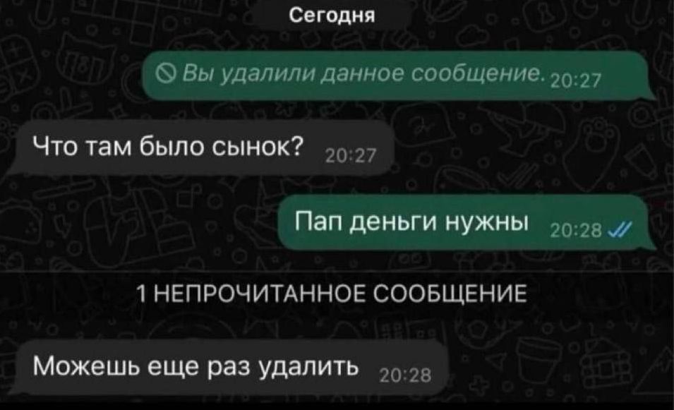 Сегодня\nВы удалили данное сообщение.\nЧто там было сынок?\nПап деньги нужны\n1 НЕПРОЧИТАННОЕ СООБЩЕНИЕ\nМожешь еще раз удалить