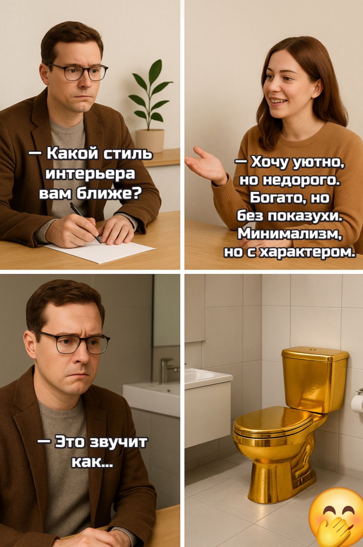 — Какой стиль интерьера вам ближе? — Хочу уютно, но недорого. Богато, но без показухи. Минимализм, но с характером. — Это звучит как...